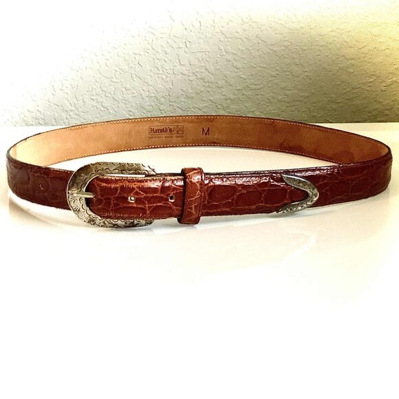 Y2K HAROLD'S Sienna Alligator Emboss Leather Belt Silver Buckle Made in Italy M - Picture 1 of 5